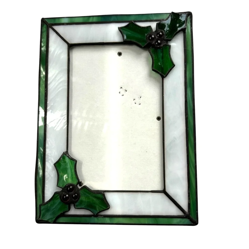Stained Glass Holly Berry Christmas Picture Frame Green White 5x7 Holiday Winter